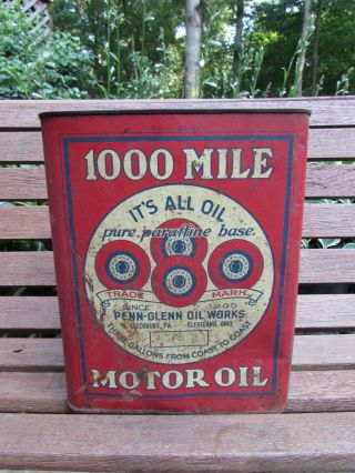 Vintage Rare 1000 Mile Motor Oil Can Penn - Glenn Oil 8 Quarts Cleveland Oh