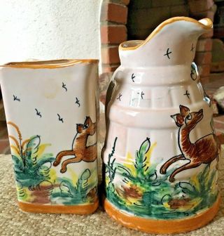 Set Of 2 Vintage Rare Vases Pitchers Hand Painted Deer Scene Ethan Allen Spain