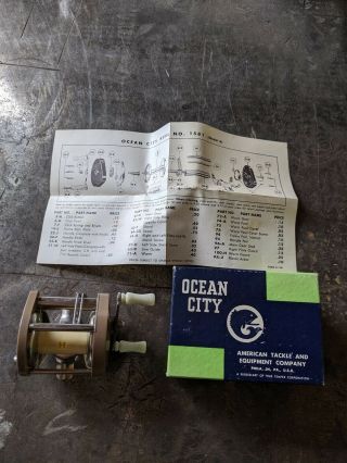 Vintage Ocean City Bait Casting Fishing Reel No.  1581 Model C W/ Box And Papers