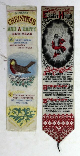 2x Old Antique Silk Bookmarks T Stevens Coventry Stevengraph Christmas Easter