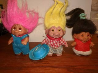 3 Vintage 3  Troll Dolls Incl Dam Norfin Overalls & Misc Cowboy,  Christmas