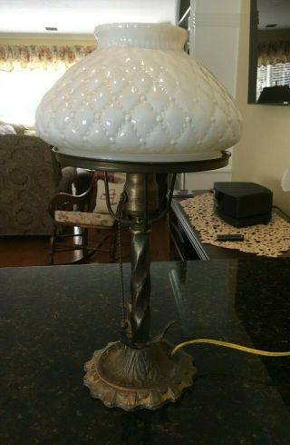 Antique Decorative Table Top/desk Lamp With Milk Glass Shade 15 - 1/2 " Tall