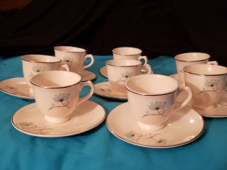 Set Of 8 Vintage Porcelain Tea Cups And Saucers With Silver Trim