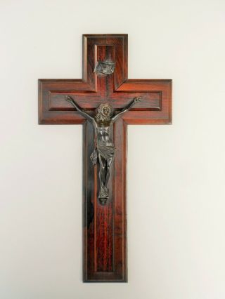 Antique Religious Wall Cross Crucifix Wood & Spelter 19 Century