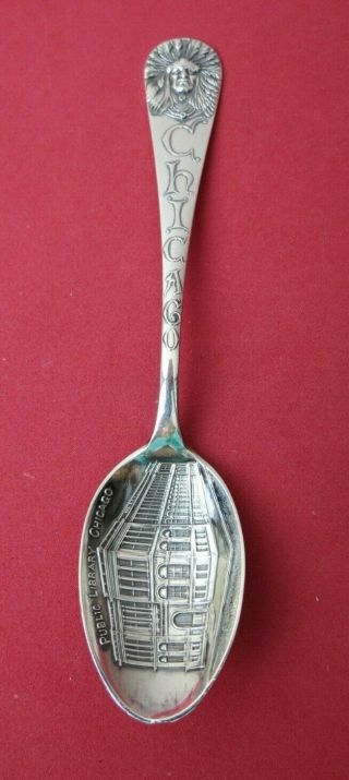 Chicago Indian Chief Public Library Sterling Silver Souvenir Spoon 5 5/8 " Watson