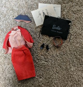 Vintage 60s Barbie Busy Gal 981 Red Linen Suit Hat Shoes Portfolio Belt