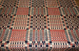 Antique Loom Woven Wool Linen Jacquard Coverlet Pc Dk.  Indigo Blue Salmon Red