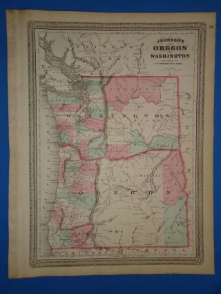 Vintage 1873 Oregon State - Washington Territory Map Old Antique Map