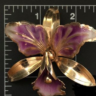 Gorgeous Rare Big Vintage Enamel Orchid Flower Gold Tone Brooch Pin