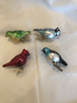 Vtg 4antique Mercury Glass Bird Clip - On Christmas Ornaments Spun Glass
