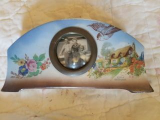 Antique Painted Clock With Picture In Frame England
