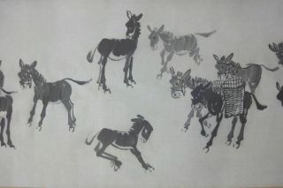 Old Very Rare Long Chinese Scroll Hand Painting Donkeys " Huangzhou " Marks