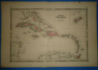 Vintage 1864 Caribbean Map Old Antique Johnson 