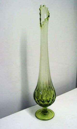 1970s Mid Century Modern Swung Stretch Glass 17 " Avocado Green Footed Vase
