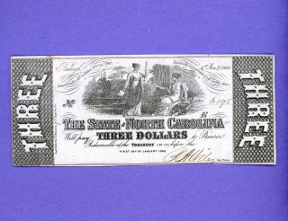 1863 $3 The State Of North Carolina Raleigh Confederate Rare Civil War Note Unc