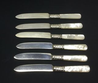 Antique 6 Fruit Knives - Mother Of Pearl Handles,  Sterling Collars,  4.  25” Length