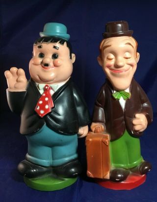 Large 13 1/2 " Laurel And Hardy Vintage Rubber Piggy Banks With Stoppers Rare Euc