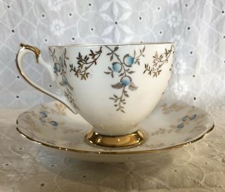 Queen Anne Bone China England Tea Cup & Saucer Blue Buds,  Gold Stems And Leaves