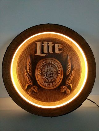 Rare Vintage Miller Lite Beer Lighted Barrel Bar Sign Lighted Version
