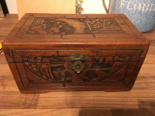 Antique Vintage Chinese Hand Carved Wood - Wooden Jewellery Box