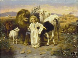 " Peace Angel " Lion Lamb Sheep Cow Wolf Canvas Giclee Art Print - Large 19 " X 13 "