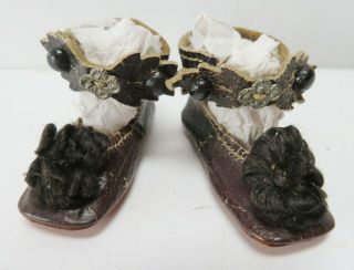 Antique Leather Doll Shoes Embellishments Ankle Straps Buttons Marked " 1 "