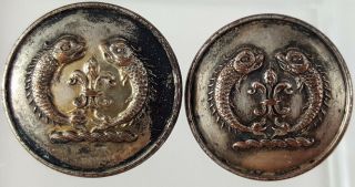 2 Silver - Plated Antique Livery Buttons Crest Of Dolphins,  Fleur - De - Lis Firmin