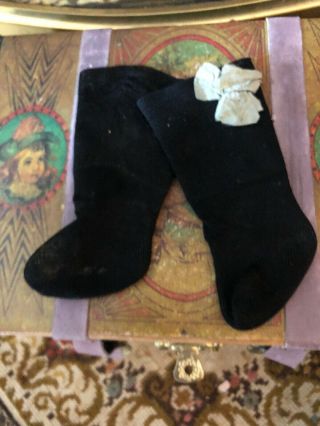 Wonderful Antique Black Silky Doll Socks W/original Bow On One