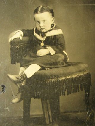 Antique Whole Plate Tin Type Photograph Of Young Girl On Victorian Chair 5 X 7 "