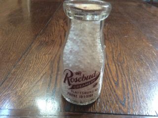 Rare Vintage Rosebud Creamery Plattsburg Ny Half Pint Milk Bottle Cow Grazing