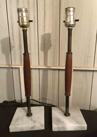 Mid Century Modern Wooden Table Lamps With Marble Base Pair