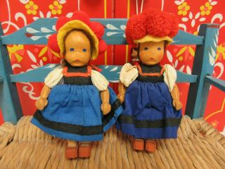 2 Vintage Primitive Wood Stick German Folk Art Dolls Hand Carved,  5”tall Each