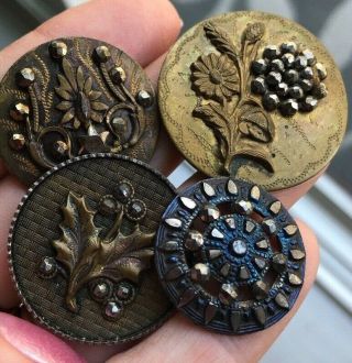 Antique/ Victorian Picture Cut Steel Buttons (4) Holly Flowers