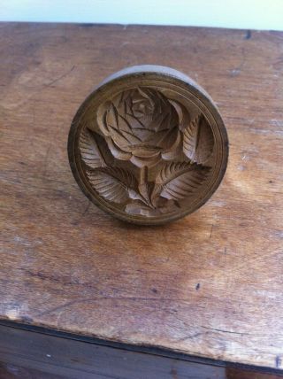 Lovely Decorative Antique Carved Wooden Butter Stamp - Rose & Leaves 2.  5 Inch