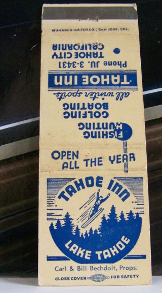 Rare Vintage Matchbook Cover O1 California Tahoe City Lake Inn Skiing Fishing Hu