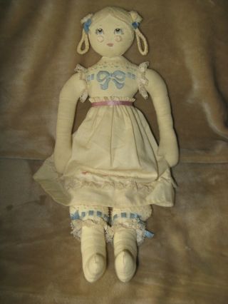 Very Pretty Vintage Handmade Cloth Rag Doll Embroidered Face And Clothes 18 "