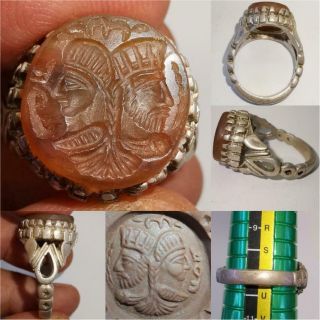 Sassanian Rare Unique 2 Kings Seal Agate Stone Silver Wonderful Ring 47