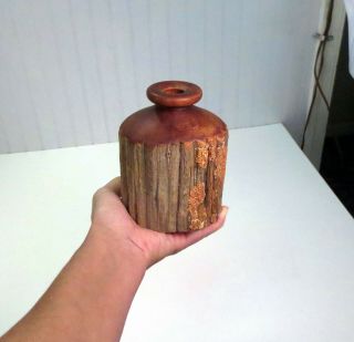 Vintage Mid Century Modern Bert Lustig Hand Turned Carved Wood Exposed Bark Vase