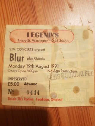Blur Rare Ticket Stub August 1991