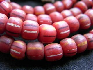 Rare Old Trade Glass Beads Red Multi Colored Necklace Round.
