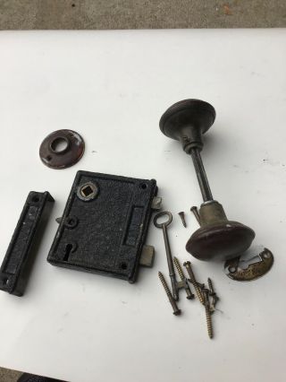 Antique Vintage Brass Door Knob Set Cover Plates & Latch Lock Key Tumbler