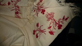 820 Antique Tablecloth 50 " X 64 " Red Stitched Embroidered Fabric & Crochet