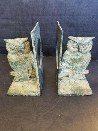 Vintage Antique Owl Bookends Pair Cast Metal Heavy Rustic Patina
