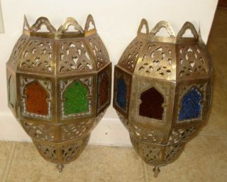 Vtg Bohemian Gothic Style Brass Wall Sconce Slip Shade Glass Inserts