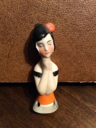 Antique Vintage 3.  5” Porcelain Half Doll Flapper Girl Pin Cushion