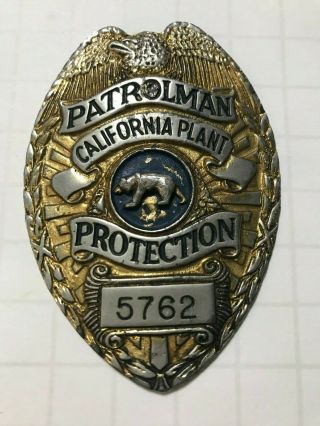 Vintage Antique Badge - Patrolman California Obsolete Rare