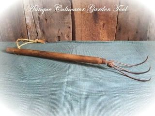 Vintage Garden Cultivator Wood Handle Tool Rustic Country Farmhouse 21 " Length