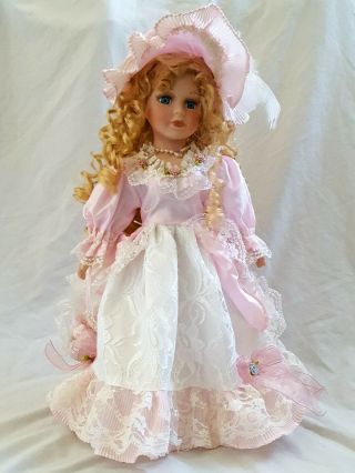 Porcelain Doll Victorian/ Colonial Pink Dress,  Blonde Hair,  Blue Eyes 16 Inch