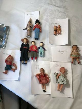 11 Vintage Dollhouse Miniature Dolls Different Sizes Different Countries
