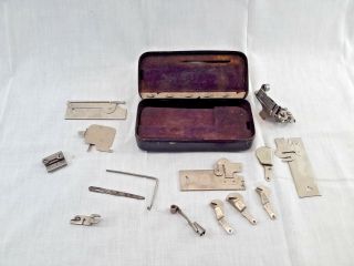 Antique Home Sewing Machine Attachments In Metal Box/case